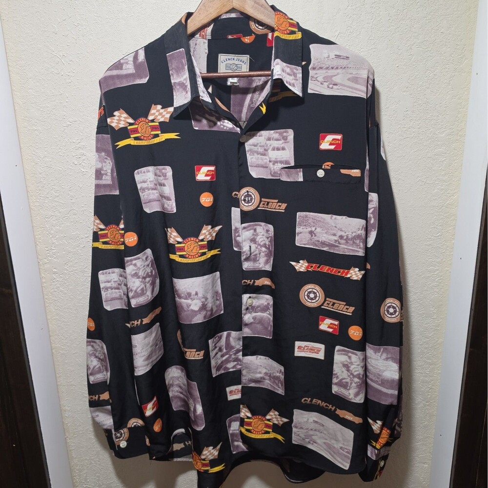Vtg Clench 701 Jeans Shirt Size XxL All Over Print Button Up Hip Hop Y2K Racing